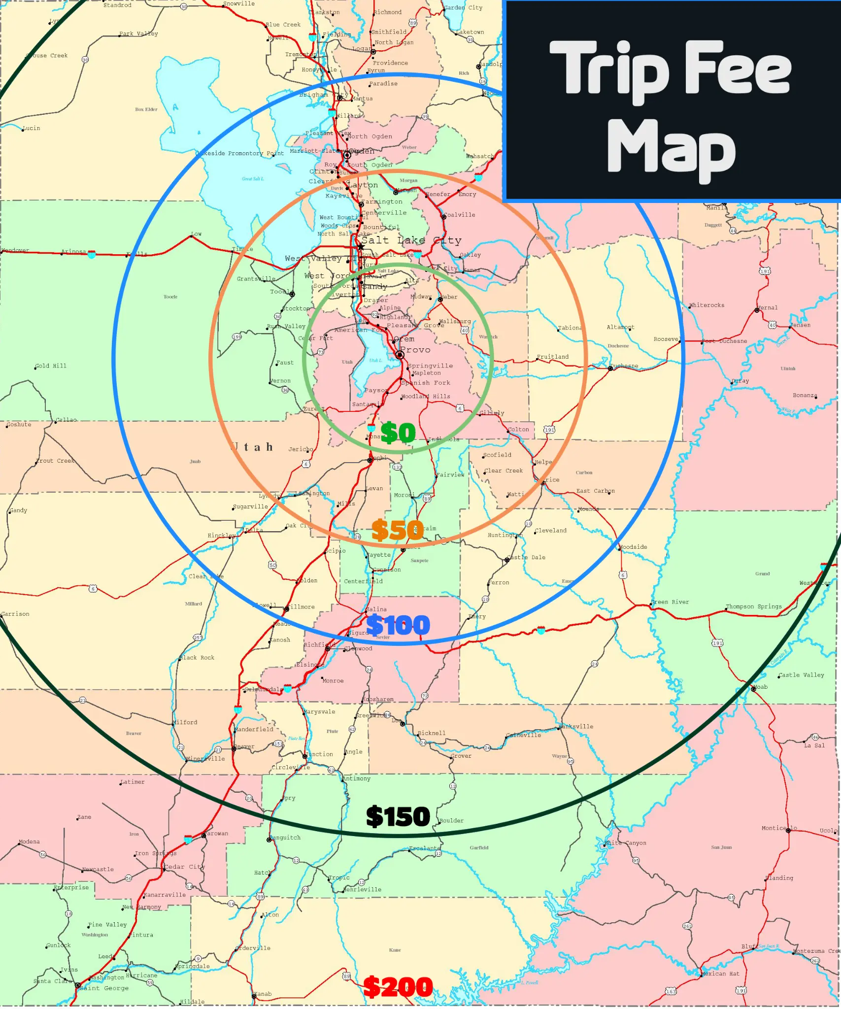 Utah Dashcam Co. trip fee map for statewide service pricing